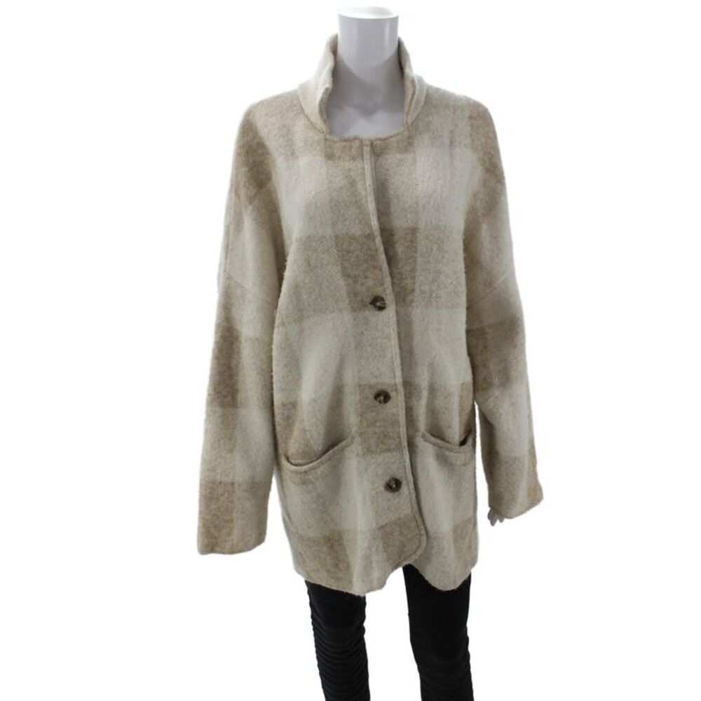 Closed Women Beige Checked Mock Neck Coatigan Long Sleeve Size XS